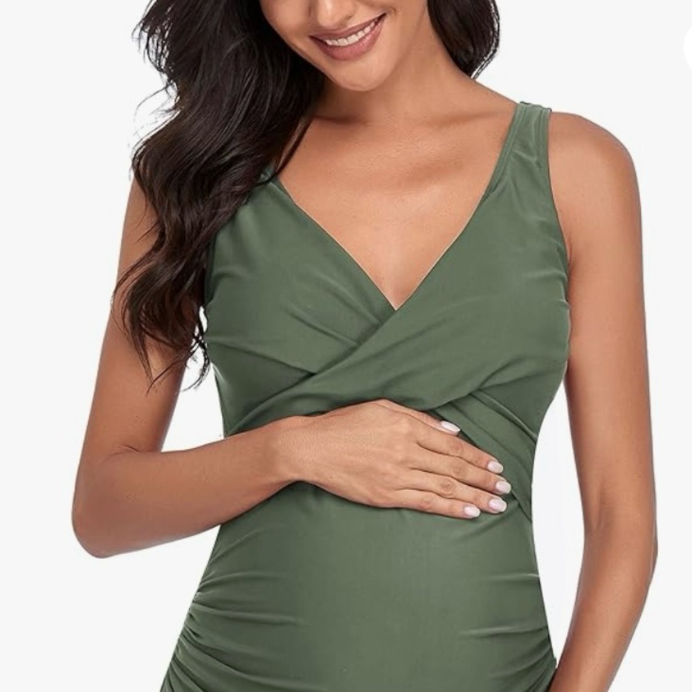 SUMMER SUNSHINE ARMY GREEN Maternity MEDIUM One Piece Swimwear Front Cross